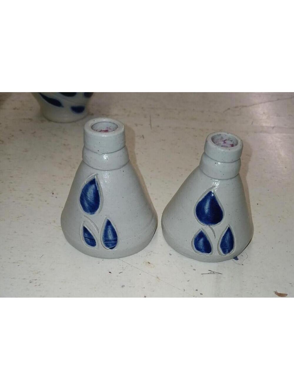 Vintage Williamsburg Pottery Candle Holders with Blue Teardrop Design